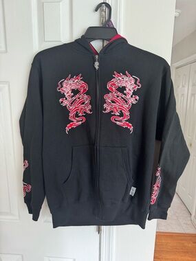 Y2K Silver Point Boys XL Black Zip Up Hoodie Red Dragon Embroidery Tribal NWOT